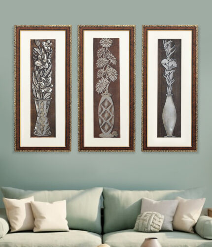 Georgia Flower Wall Painting Set Of 3 | Golden and Brown Design