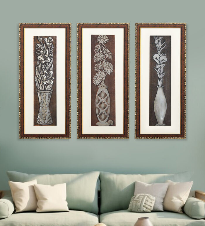 Georgia Flower Wall Painting Set Of 3 | Golden and Brown Design