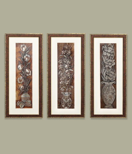 Peony Flower Wall Painting Set Of 3 | Golden and Brown Design