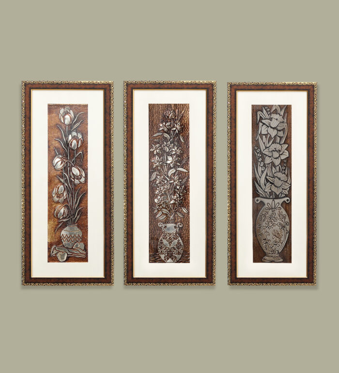 Peony Flower Wall Painting Set Of 3 | Golden and Brown Design