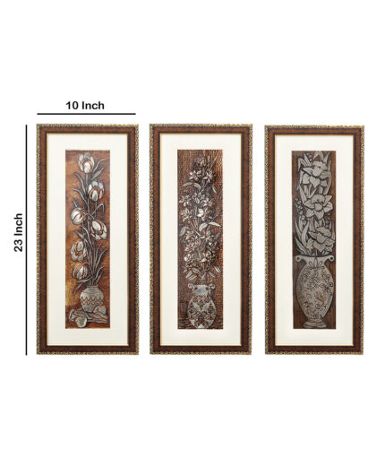 Peony Flower Wall Painting Set Of 3 | Golden and Brown Design