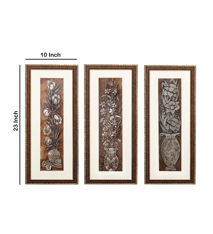 Peony Flower Wall Painting Set Of 3 | Golden and Brown Design