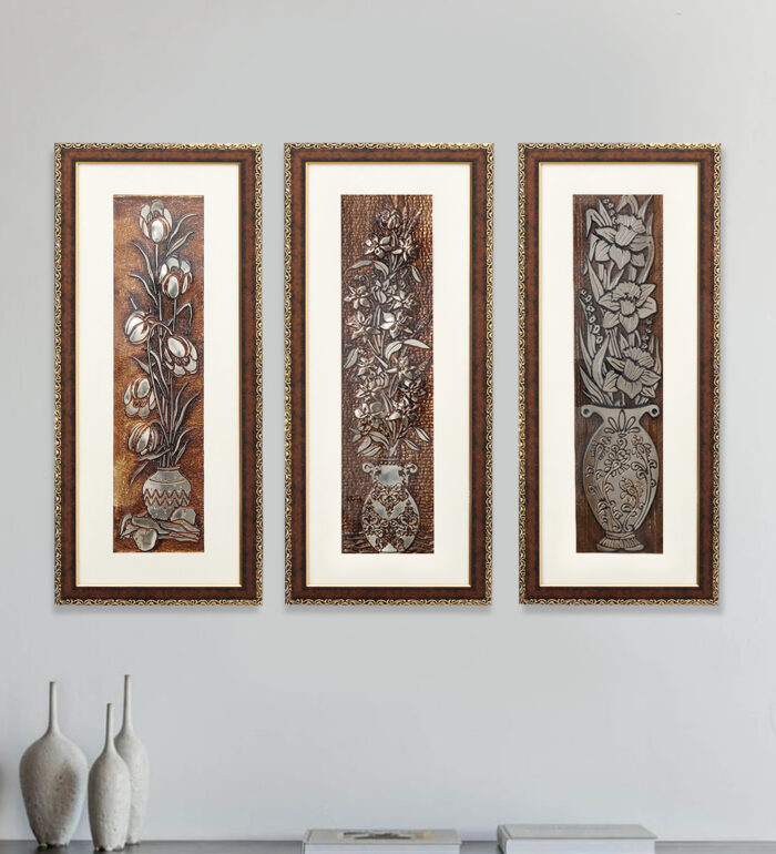 UnPeony Flower Wall Painting Set Of 3 | Golden and Brown Design