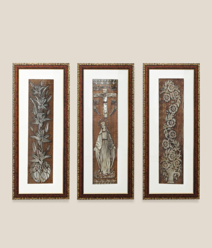 Virgin Mary and Flower Wall Painting Set Of 3 | Golden and Brown