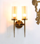 Modern Golden Finish Wall Light With Cylindrical Dual Arm Amber Color Glass Shades