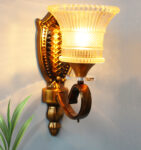 Vintage Brass Wall Sconce with Crystal Pendant and Decorative