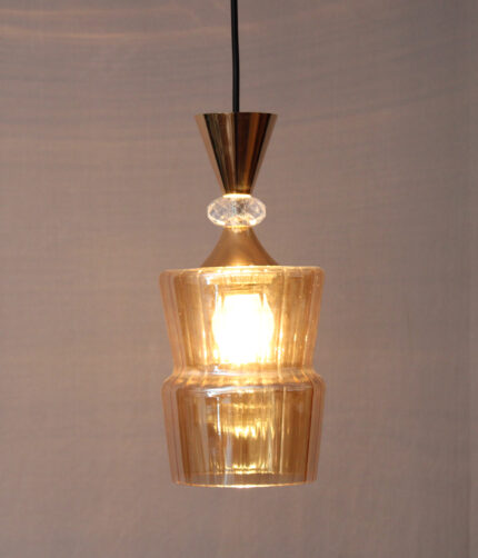 Ribbed Amber Glass Pendant Light Gold Finish
