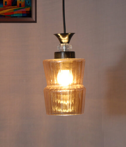 Fluted Amber Glass Pendant Light with Black Finish