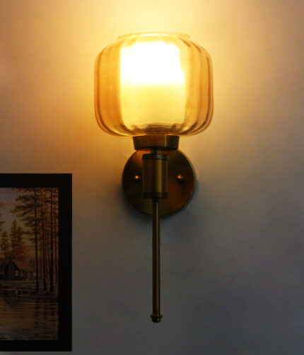 Classic Brass Wall Sconce with Square Amber Glass Shade
