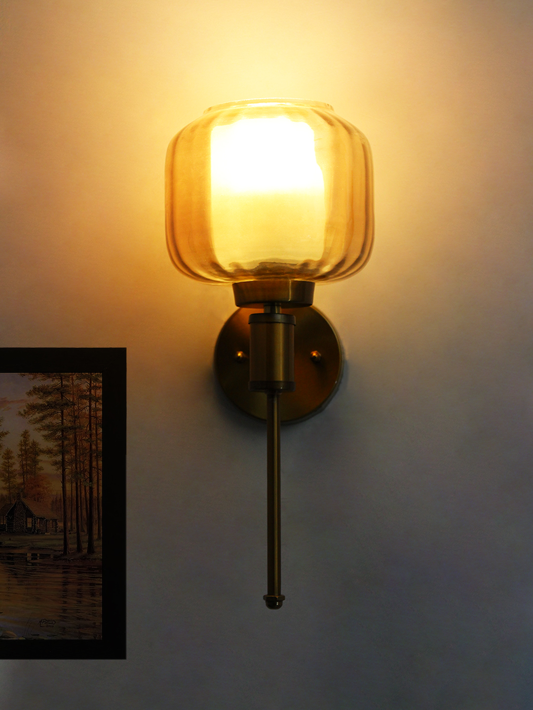 Classic Brass Wall Sconce with Square Amber Glass Shade Classic Brass Wall Sconce with Square Amber Glass Shade