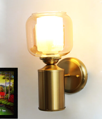 Modern Brass Wall Sconce – Amber Tinted Jar Glass