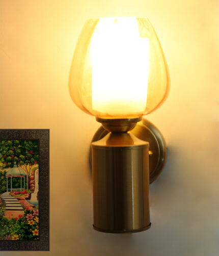 Brushed Brass Wall Sconce with Amber Glass Shade