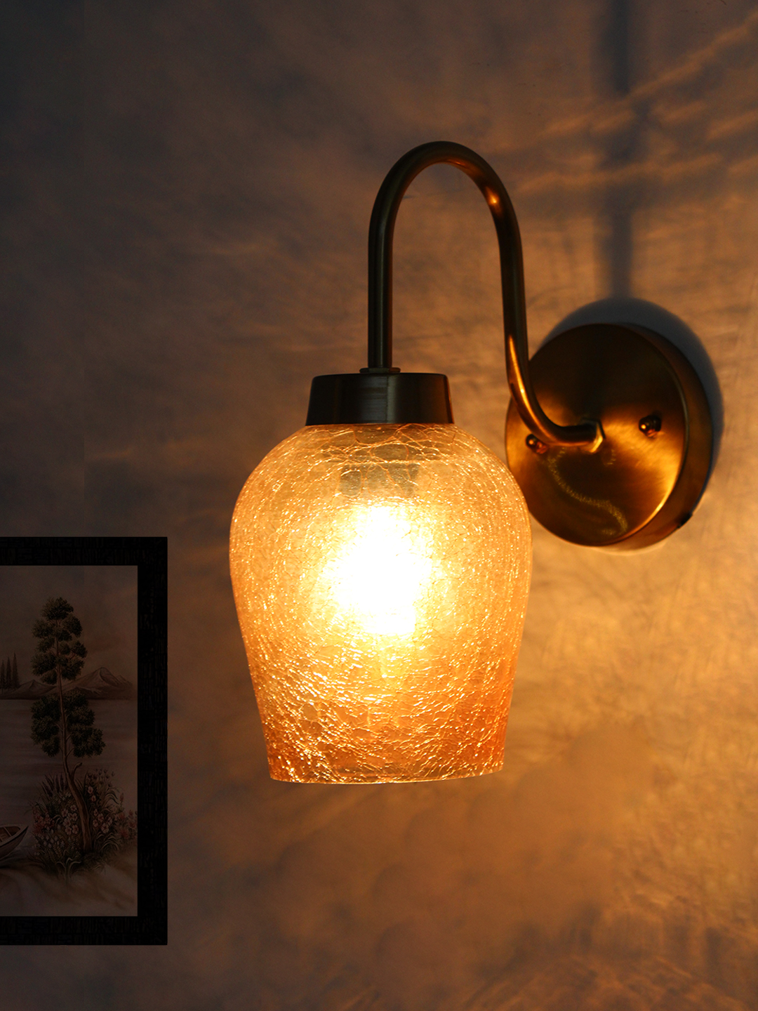 Amber Crackle Glass Wall Light With Down Curved Arm Amber Crackle Glass Wall Light With Down Curved Arm