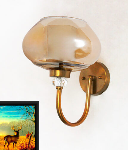 Designer Globe wall light with amber glass shade and brass finish mounted on a wall, featuring a curved arm and warm ambient lighting