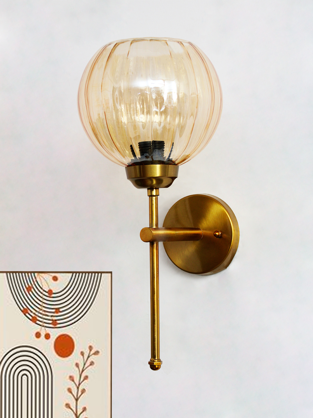 Retro Brass Wall Lamp Amber Ribbed Glass Shade Elegant brass wall light with ribbed amber glass shade, modern wall sconce mounted on a white wall providing warm ambient lighting for stylish interiors