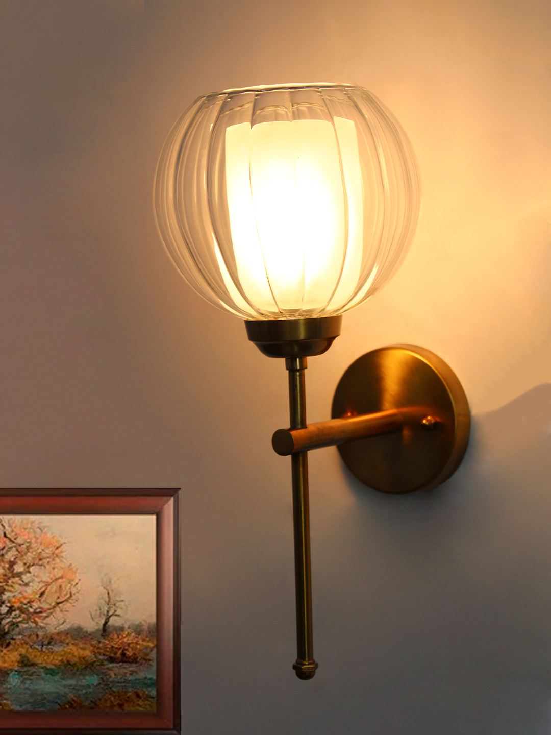 Decorative Brass Wall Sconce Clear Glass Wall Light Clear Glass Wall Light with a rounded transparent glass shade and brushed brass arm, mounted on a white wall, providing soft ambient lighting in a modern interior setting