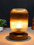 Ribbed Glass Table Lamp with amber ribbed glass shade, brass finish round base, decorative modern bedside and living room table lamp design