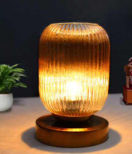 Ribbed Glass Table Lamp with amber ribbed glass shade, brass finish round base, decorative modern bedside and living room table lamp design
