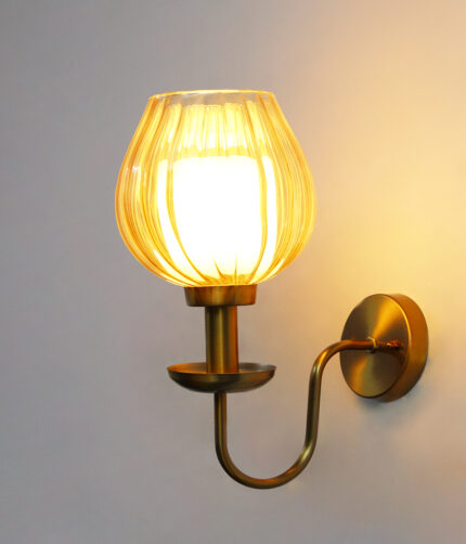 Ribbed Tulip Glass Wall Light with amber ribbed glass shade and brass finish curved arm decorative wall lamp for bedroom and living room
