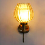 Ribbed Tulip Glass Wall Light with amber ribbed glass shade and brass finish curved arm decorative wall lamp for bedroom and living room