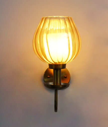 Ribbed Tulip Glass Wall Light with amber ribbed glass shade and brass finish curved arm decorative wall lamp for bedroom and living room