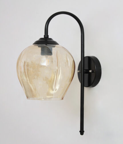 Amber Glass Black Wall Light with amber glass hanging shade and matte black curved metal wall mount for elegant modern indoor lighting