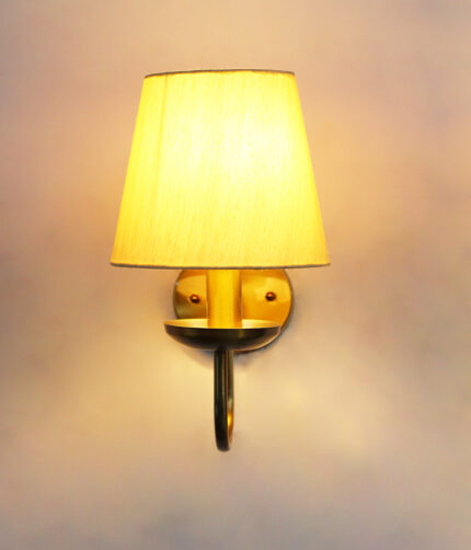 Beige Fabric Shade Wall Lamp with antique brass finish and curved arm wall sconce for bedroom, living room, and hallway décor