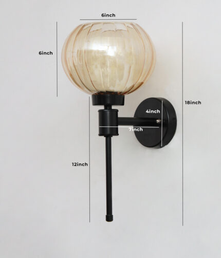 Amber Kharbuja Glass wall light with ribbed amber glass globe shade and matte black metal wall mount for elegant modern indoor lighting