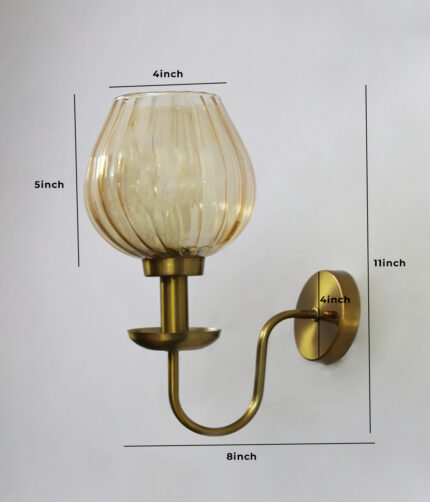Ribbed Tulip Glass Wall Light with amber ribbed glass shade and brass finish curved arm decorative wall lamp for bedroom and living room