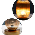 Ribbed Glass Table Lamp with amber ribbed glass shade, brass finish round base, decorative modern bedside and living room table lamp design