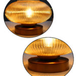 Kachori Glass Table Lamp with wide ribbed amber glass shade, brass finish round base, decorative modern bedside and living room table lamp design