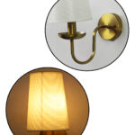 White Fabric Shade Wall Lamp with antique brass finish and curved arm wall sconce for bedroom, living room, and hallway décor