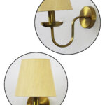 Beige Fabric Shade Wall Lamp with antique brass finish and curved arm wall sconce for bedroom, living room, and hallway décor