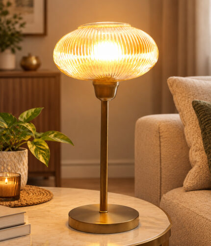 Aurora Ribbed Glass table lamp with wide ribbed amber glass shade and brass base, modern decorative lighting for bedside or living room use