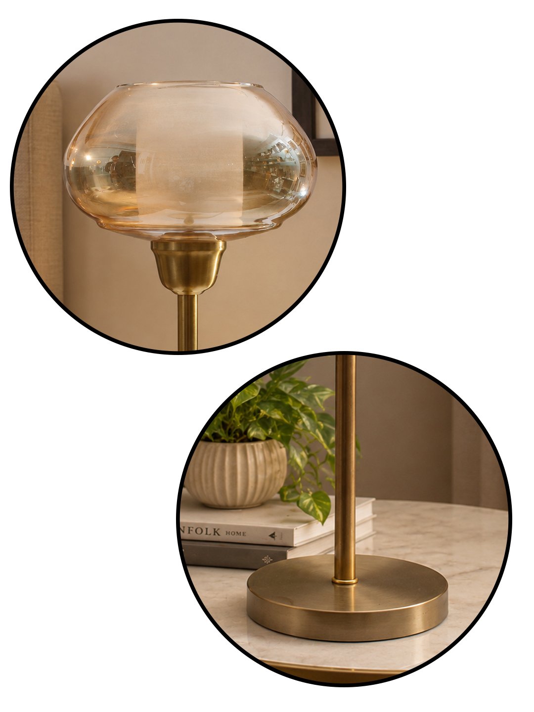 Amber Kachori Vintage Table Lamp Amber Kachori Vintage table lamp with rounded amber glass shade and brass base, providing warm decorative lighting for bedside or living room use