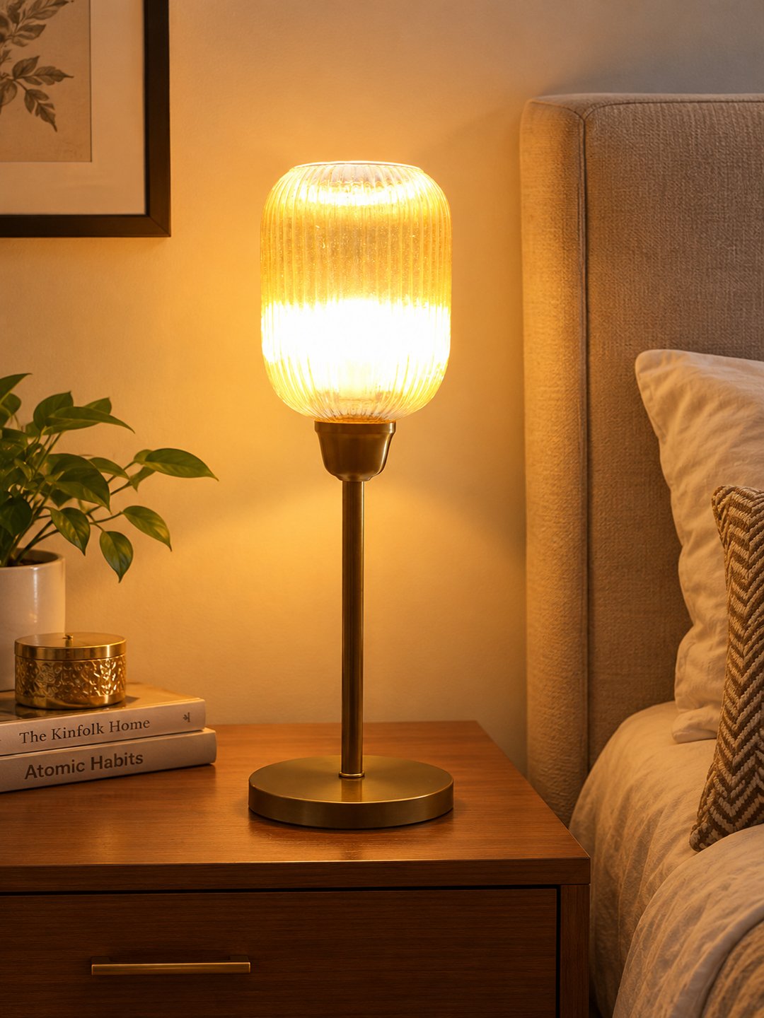 Elara Ribbed Cylinder Table Lamp Elara Ribbed Cylinder table lamp with tall ribbed glass shade and brass base, modern decorative lighting for bedside, living room, or workspace