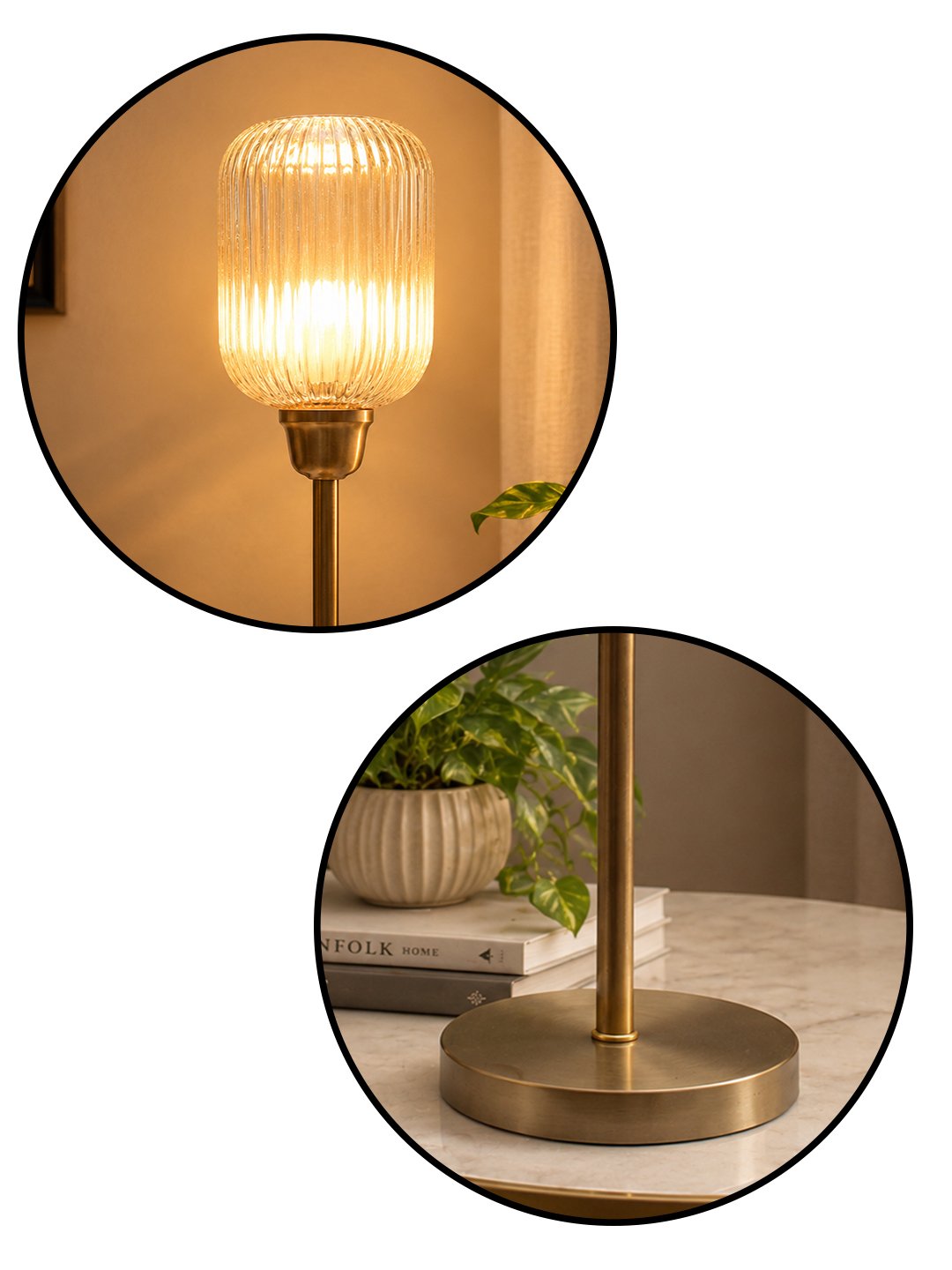 Elara Ribbed Cylinder Table Lamp Elara Ribbed Cylinder table lamp with tall ribbed glass shade and brass base, modern decorative lighting for bedside, living room, or workspace