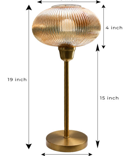 Aurora Ribbed Glass table lamp with wide ribbed amber glass shade and brass base, modern decorative lighting for bedside or living room use