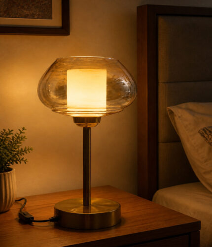 Amber Kachori Vintage table lamp with rounded amber glass shade and brass base, providing warm decorative lighting for bedside or living room use