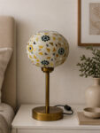Boho Mosaic Flower table lamp with colorful floral mosaic glass shade and brass base, decorative ambient lighting for living room or bedside use