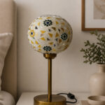 Boho Mosaic Flower table lamp with colorful floral mosaic glass shade and brass base, decorative ambient lighting for living room or bedside use