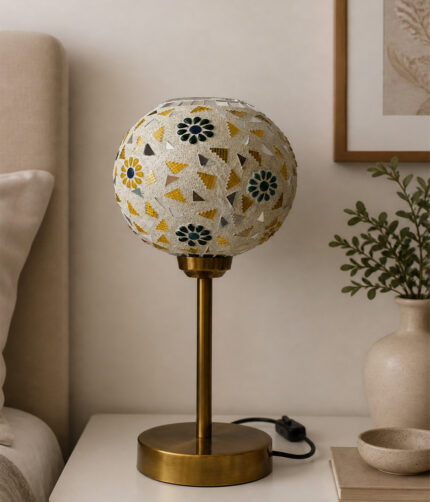Boho Mosaic Flower table lamp with colorful floral mosaic glass shade and brass base, decorative ambient lighting for living room or bedside use
