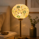Boho Mosaic Flower table lamp with colorful floral mosaic glass shade and brass base, decorative ambient lighting for living room or bedside use