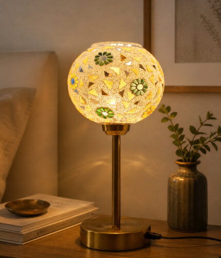 Boho Mosaic Flower table lamp with colorful floral mosaic glass shade and brass base, decorative ambient lighting for living room or bedside use
