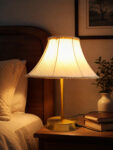 Aurelia Classic Fabric table lamp with beige fabric shade and gold metal base, 19-inch height, showing dimensions on a white background