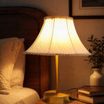 Aurelia Classic Fabric table lamp with beige fabric shade and gold metal base, 19-inch height, showing dimensions on a white background