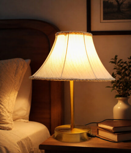 Aurelia Classic Fabric table lamp with beige fabric shade and gold metal base, 19-inch height, showing dimensions on a white background