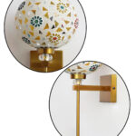 White Tipni Colourful Glass wall light with mosaic dome shade, floral and geometric patterns, and brass finish arm for decorative ambient lighting
