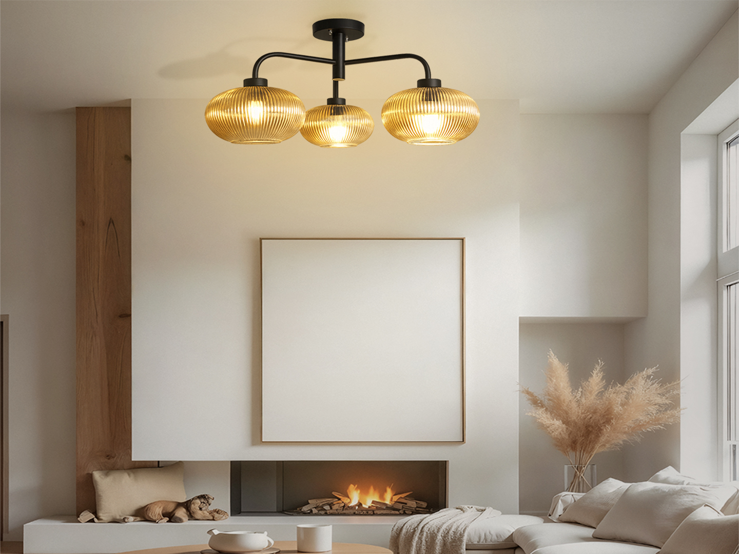 Modern 3-Light Ribbed Glass Chandelier Ribbed Glass Chandelier with three amber ribbed glass shades and a matte black metal frame, modern semi-flush ceiling light for dining room, living room, and kitchen.