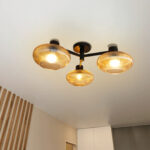 Solara 3-Light chandelier with three ribbed amber glass shades and a matte black metal frame, modern semi-flush ceiling light for dining rooms, living rooms, kitchens, and bedrooms.